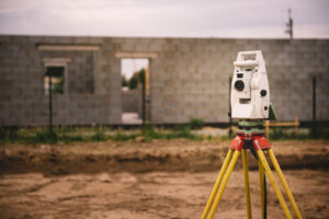 Surveyor equipment - GPS system or theodolite total positioning system outdoors at house construction site. Surveyor engineering with total station before house building